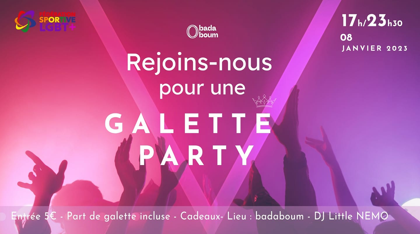 galette party, affiche violette avec des mains en arrière plan